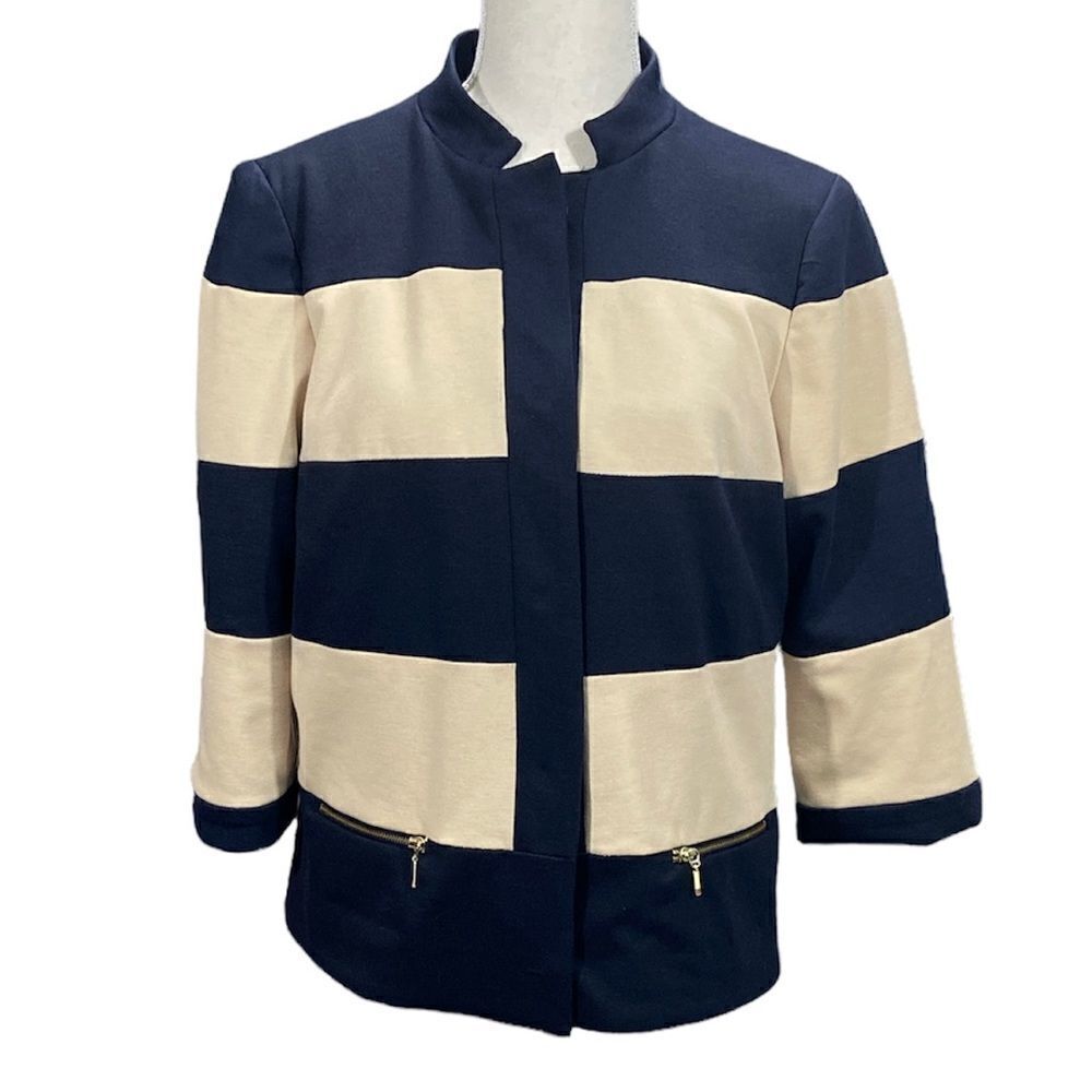 Focus 2000 Navy Tan Color Block Short Snap Closure Blazer zip pockets Size 10